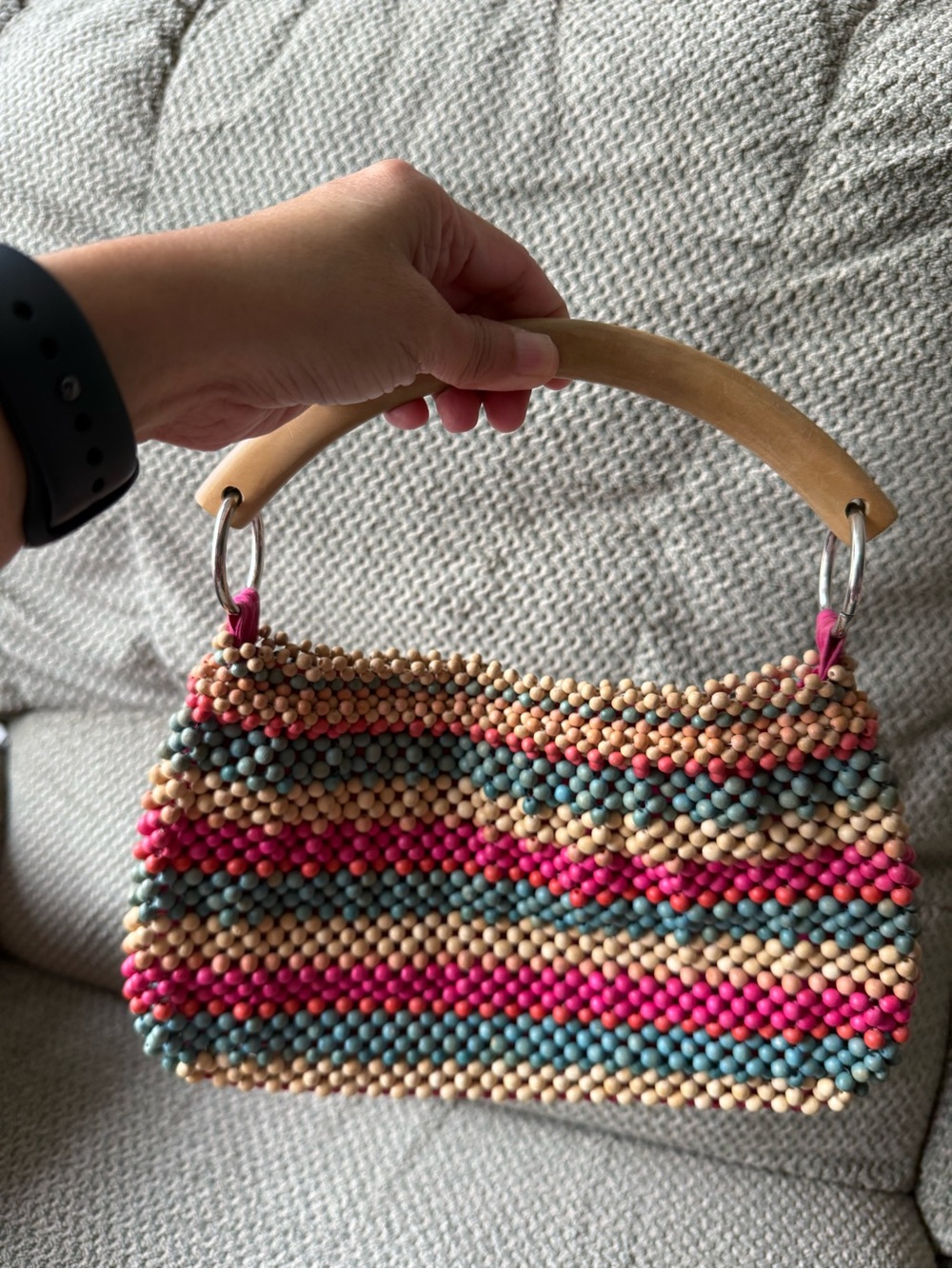 Handcrafted Beaded Mini Top-Handle Bag - Pink, Teal, Beige